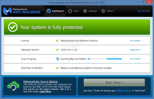 Showing the Malwarebytes Anti-Malware Premium dashboard
